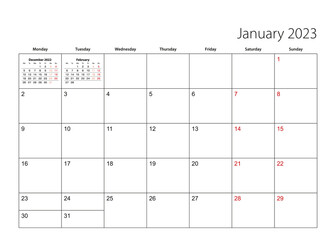 January 2023 simple calendar planner, week starts from Monday.