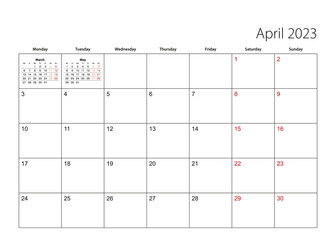 April 2023 simple calendar planner, week starts from Monday.