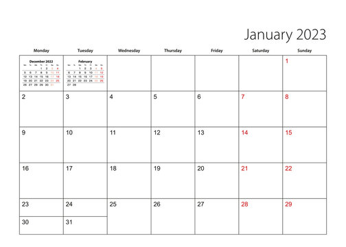 January 2023 simple calendar planner, week starts from Monday.