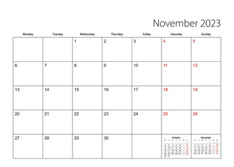 November 2023 simple calendar planner, week starts from Monday.