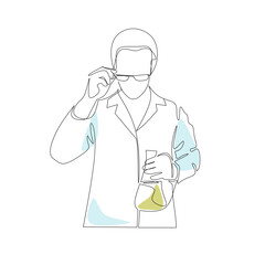 Vector illustration of a scientist with a flask drawn in line art style