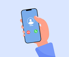 Cartoon male hand holding phone with incoming call on display flat vector illustration. Mobile user interface. Accept button, Reject button. iPhone iOS call screen. Smartphone, Phone call screen