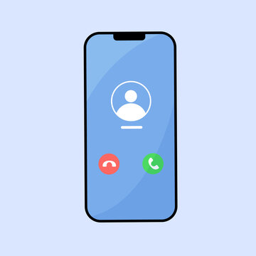 Cartoon Phone With Incoming Call On Display Flat Vector Illustration. Mobile User Interface. Accept Button, Reject Button. IPhone IOS Call Screen. Smartphone, Phone Call Screen Mockup Isolated