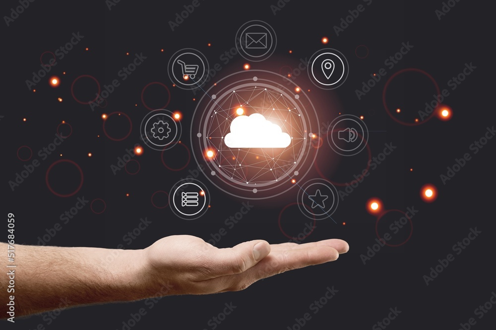 Poster hand holding to virtual artificial intelligence with cloud computing technology transformation. netw