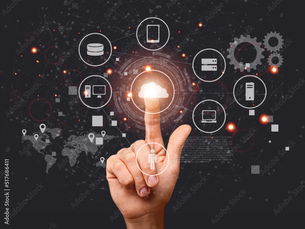 Poster hand holding to virtual artificial intelligence with cloud computing technology transformation. netw