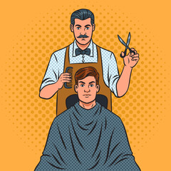 barber cutting man hair pop art retro raster illustration. Comic book style imitation.