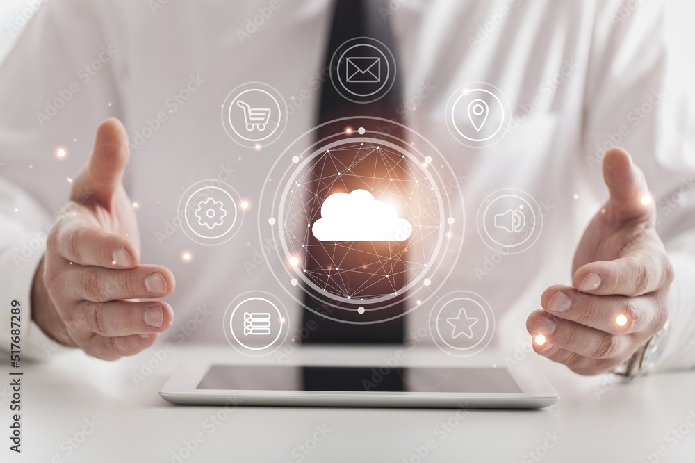 Poster hand holding to virtual artificial intelligence with cloud computing technology transformation. netw