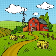 Fotobehang farm landscape pop art retro raster illustration. Comic book style imitation. © Oleksandr Pokusai