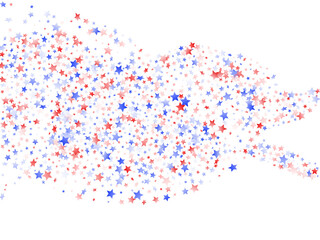 Flying red blue white star sparkles on white vector american patriotic background.