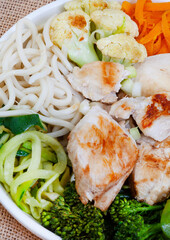 chicken, vegetables and noodle bowl, quick and healthy meal