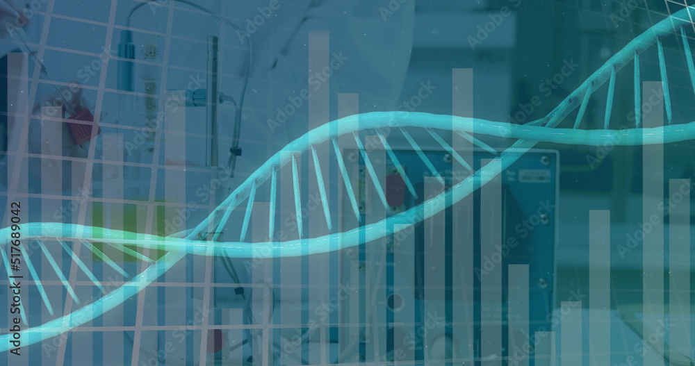 Poster image of spinning dna strand an data processing over caucasian scientist in laboratory