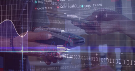 Image of financial data processing over diverse people paying with smartphone