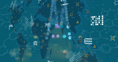 Image of data processing and world map over blue background