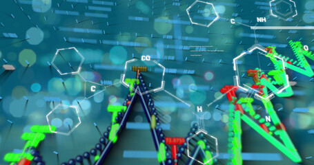 Image of chemical formula and data processing over cityscape