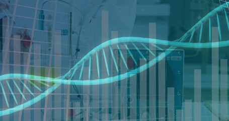 Image of spinning dna strand an data processing over caucasian scientist in laboratory