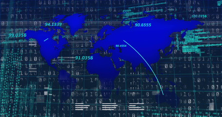 Obraz premium Image of interference over world map and data processing on black background