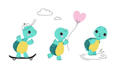 Cute turquoise turtle baby animals set. Tortoise reptilian animal character riding skateboard, walking with balloon, standing in water cartoon vector illustration