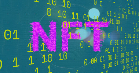 Image of pink nft text and data processing over blue background