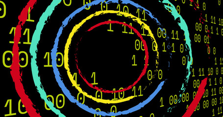 Image of colorful circles over data processing on black background