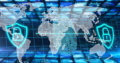 Image of lines map and particles lines map over woman wearing vr headset