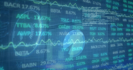 Image of stock market over data processing and scope scanning on green background cityscape