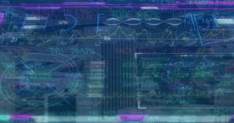 Image of stock market and scope scanning over cityscape