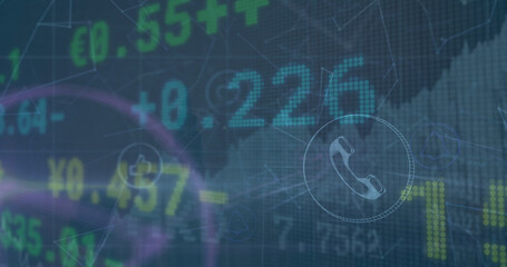 Obraz premium Image of stock market over network of connections on green background cityscape