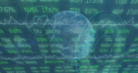 Image of stock market over network of connections and globe on green background cityscape