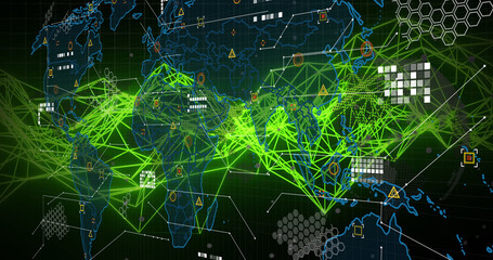 Image of world map over network of connections on black background