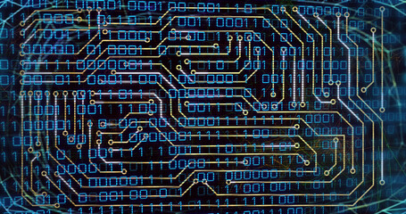 Image of computer circuit board over data processing on black background