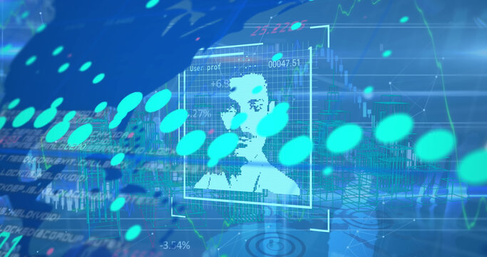 Image of data processing with people portraits on blue background