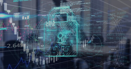 Image of financial data processing and padlock icon over empty office