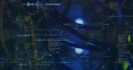 Image of financial data processing and network of connections over server room