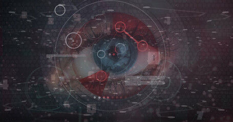 Image of data processing and network of connections over eye