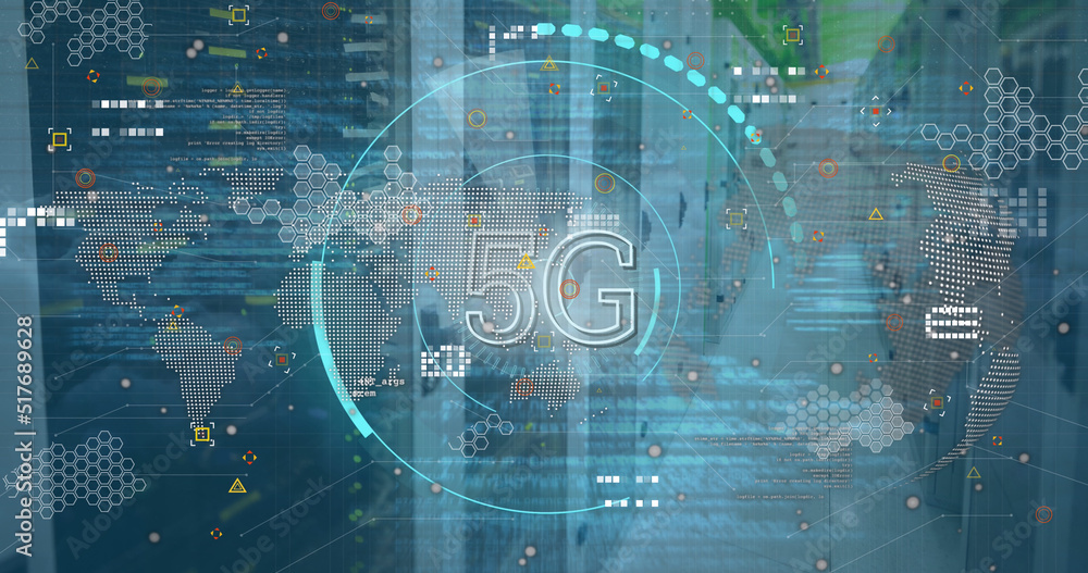 Poster image of scope scanning with 5g over data processing with globe and server room