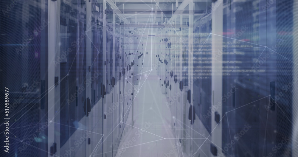 Poster image of data processing and network of connections over server room