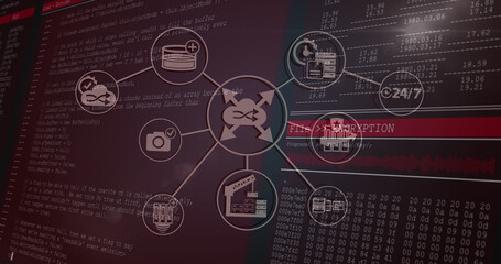 Image of network of connections with icons over data processing