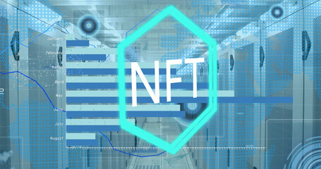 Image of nft text over financial data processing and server room