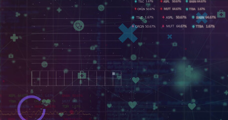 Image of network of connections over financial data processing on black background