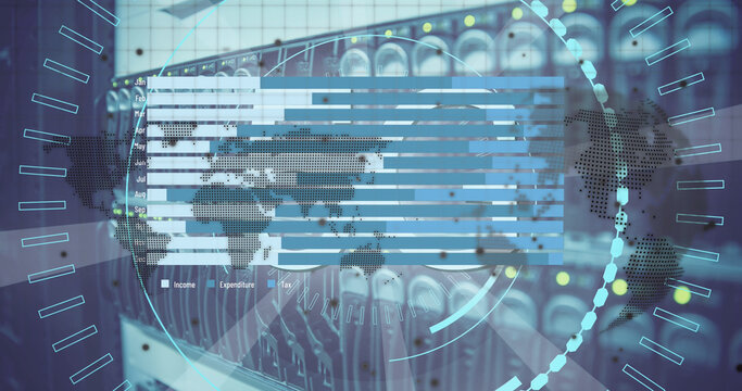 Image of data processing and globe over server room