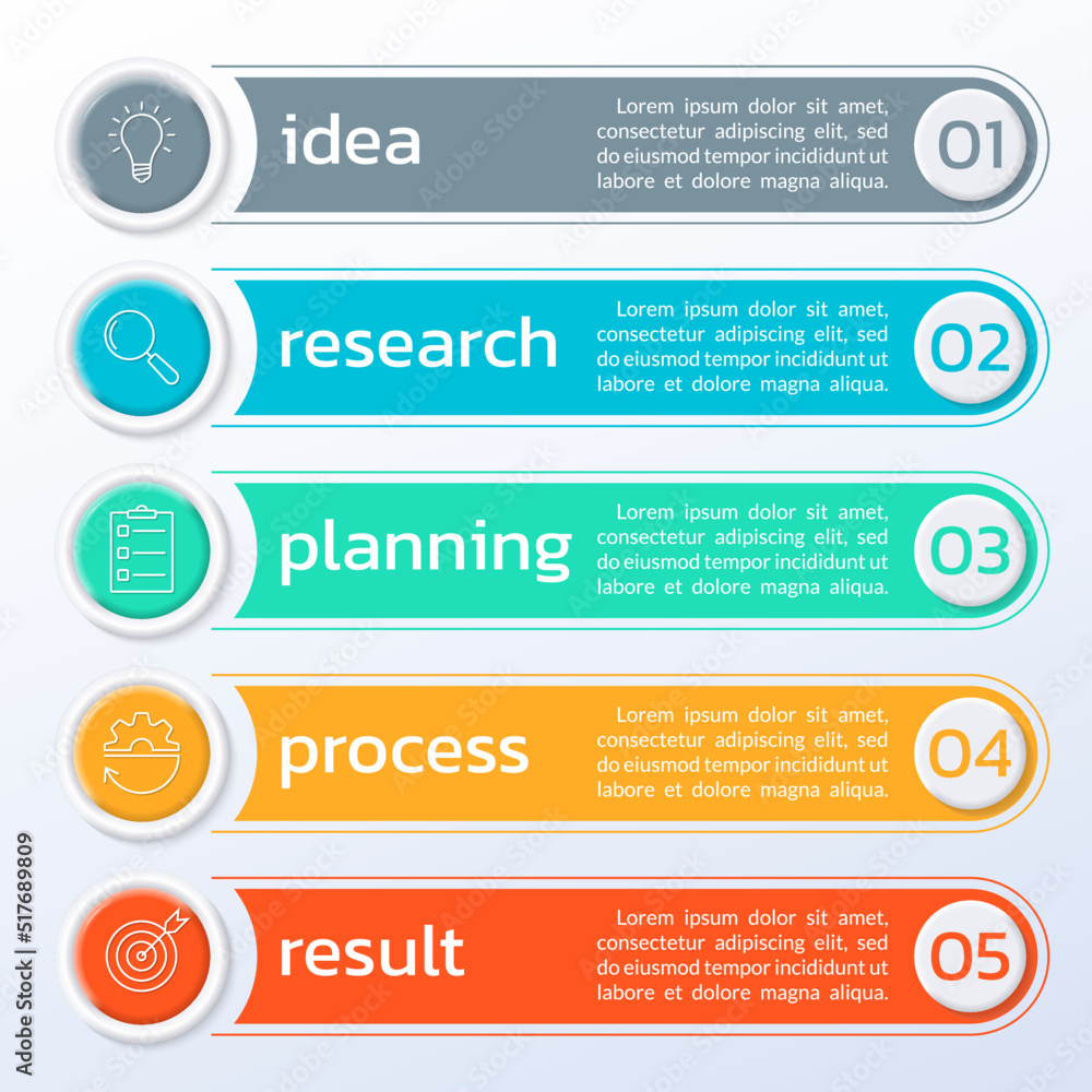 Aufkleber 5 number list template. five step business layout with text banners, numbers and icons. modern info 