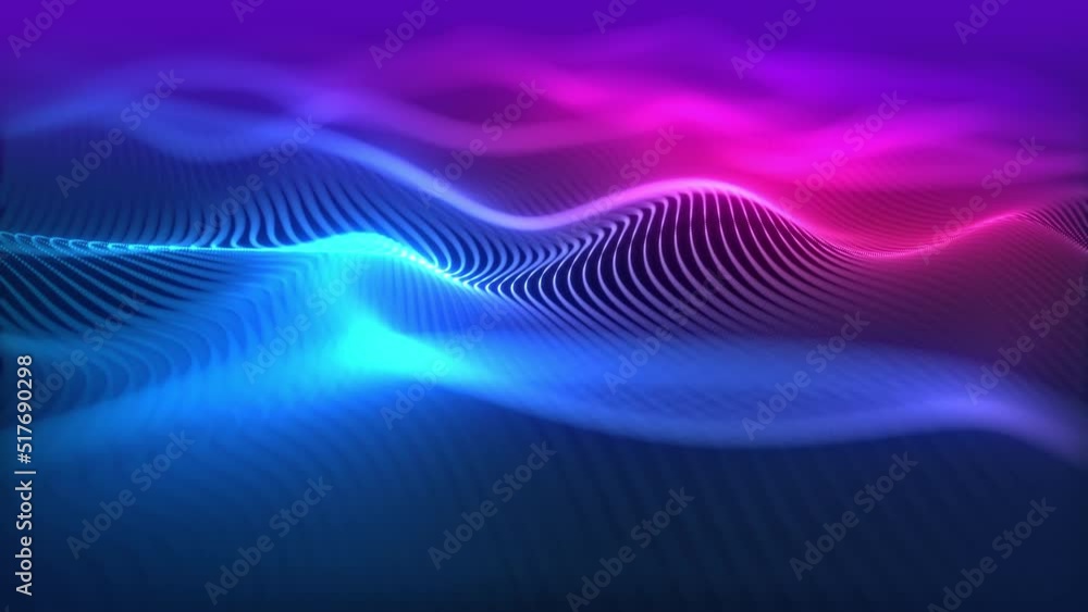 Poster particles wave cyber or technology background. abstract seamless loop of mesh glowing red dots digit
