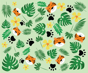 color background with tropical leaves tiger head international tiger day