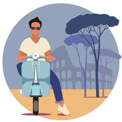 Round vector illustration of Rome with the Colosseum, pine trees and a man on a scooter