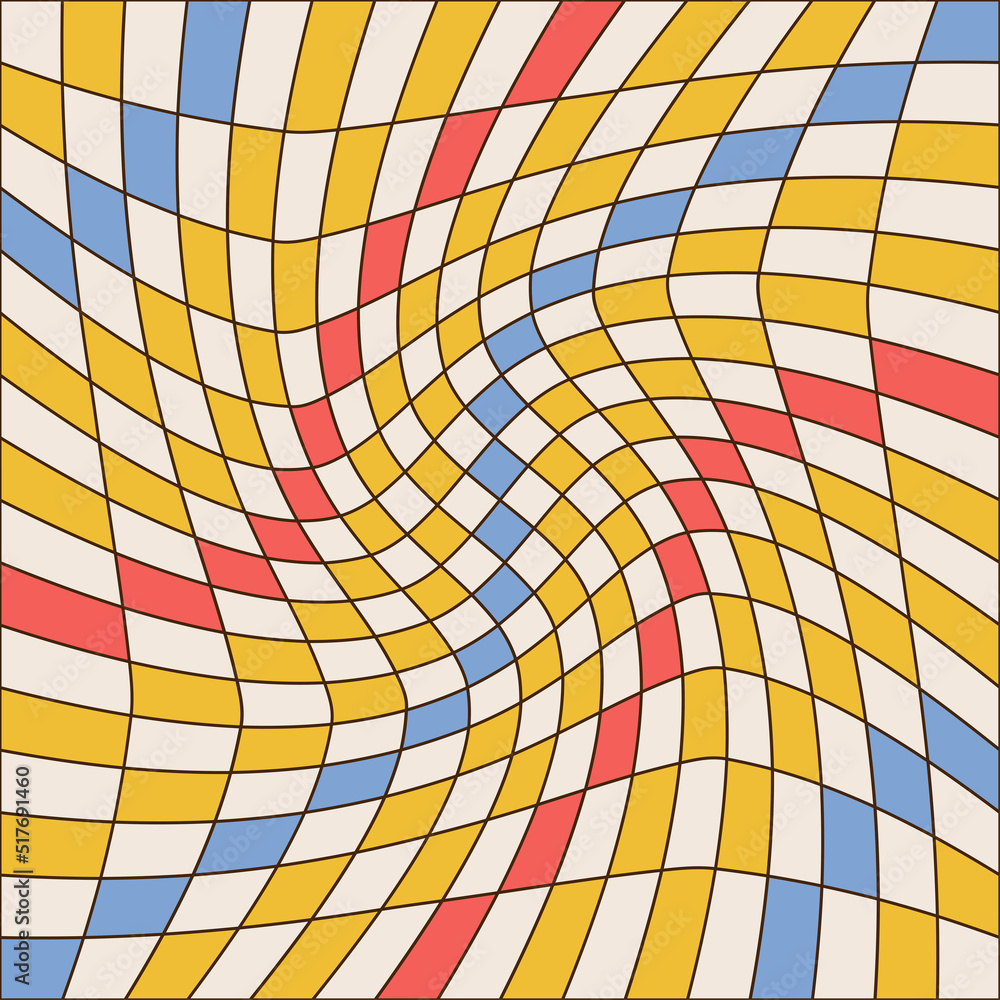 Aufkleber twisted checkered colorful background with linear contour. abstract vector cell pattern in 70s groov