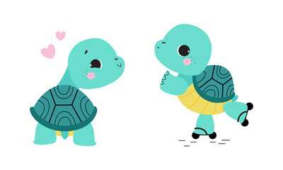 Cute turquoise turtle baby animals set. Tortoise reptilian animal character rollerblading cartoon vector illustration