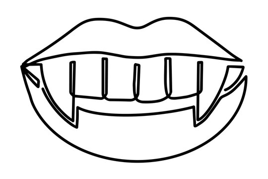Simple illustration of sexy woman lips with vampire fangs. vampire teeth painted in one line.