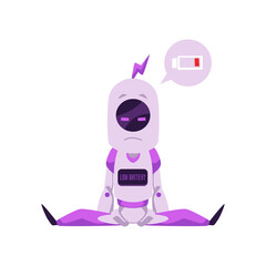 Sad purple mascot robot showing message low battery flat style