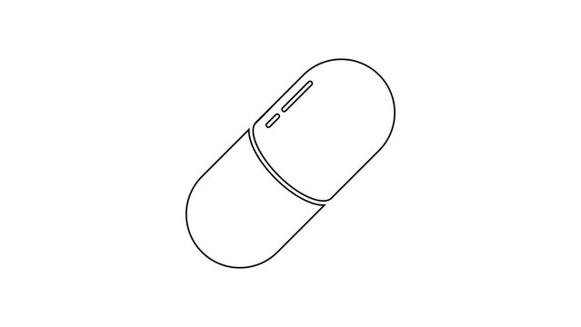 Black line Medicine pill or tablet icon isolated on white background. Capsule pill and drug sign. Pharmacy design. 4K Video motion graphic animation