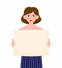 Woman pro-choice activist holding empty placard with place for text. Female protestor. Feminism manifestation. Flat vector illustration isolated on white background